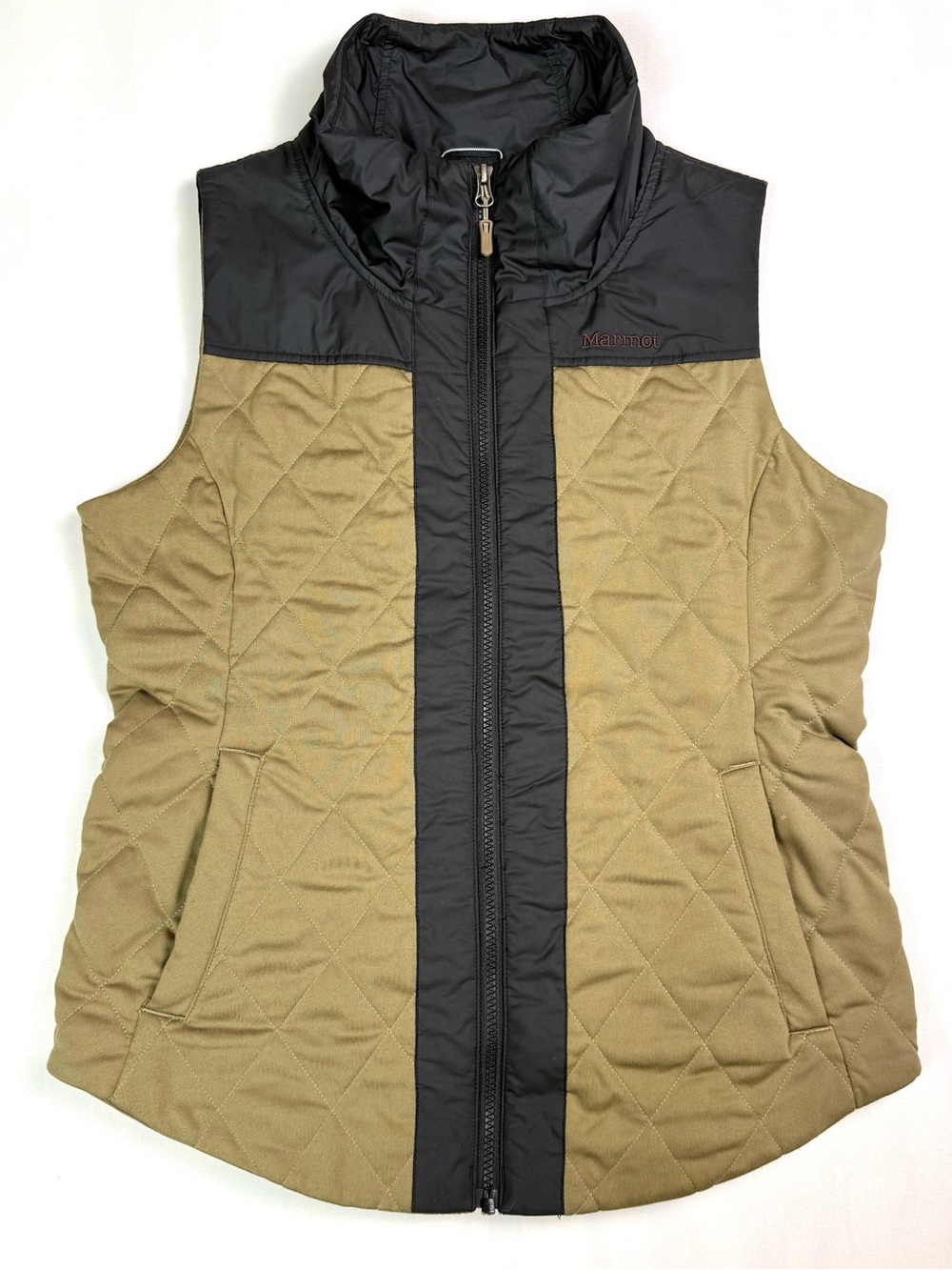 Marmot Women’s M Quilted Insulated Vest Black Tan Full Zip Outdoor Gorpcore